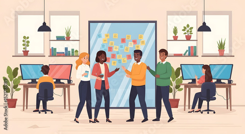 Vector cartoon of a diverse team brainstorming near a glass partition covered in sticky notes. Monitors, potted plants, and desks visible in the background. Casual office attire.