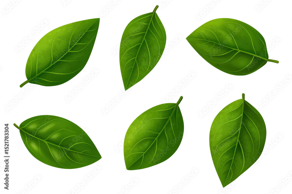 Seven Realistic Green Leaves on Transparent Background Seven Realistic Green Leaves on Transparent Background