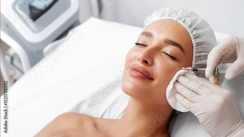 Panorama shot of cosmetologist making rejuvenating anti wrinkle injections on young woman's face, free space, banner