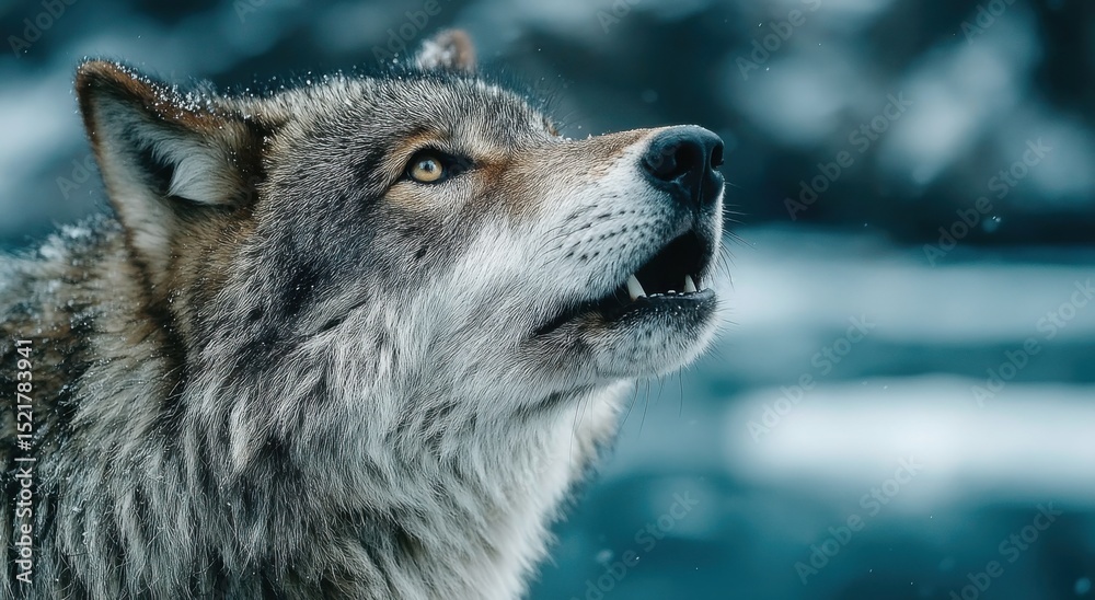 Fototapeta premium Close-Up of a Gray Wolf Howling in the Snow, Symbolizing Wilderness and Wildlife Conservation Efforts, Perfect for Nature Documentaries and Environmental Awareness Campaigns : Generative AI