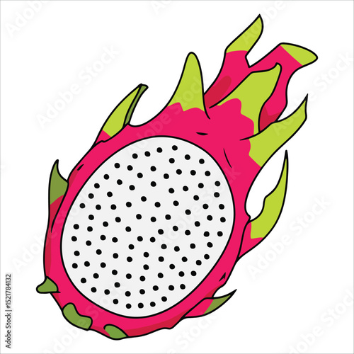 Dragon fruit close up vector with spiky red and green skin on white background. Ideal for nutrition guides, smoothie designs, and tropical fruit collections.