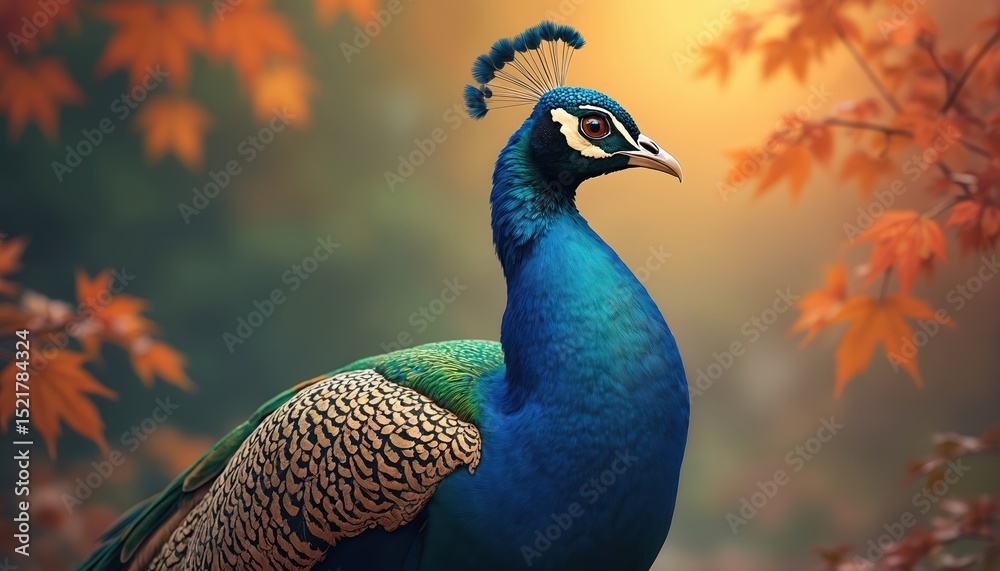 Obraz premium Photorealistic illustration of peacock in vivid colors. Blue, green feathers, detailed head, eye. Autumn leaves frame bird, creates harmony. Ideal for nature lovers, art buyers.