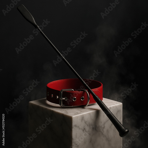Black Riding Crop and Red Leather Collar on Marble Cube