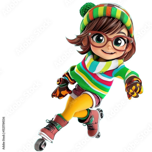 Cheerful Cartoon Girl Roller Skating in Colorful Winter Outfit