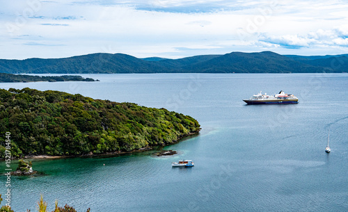 Harbour stewart island new zealand with cruise ship in the water