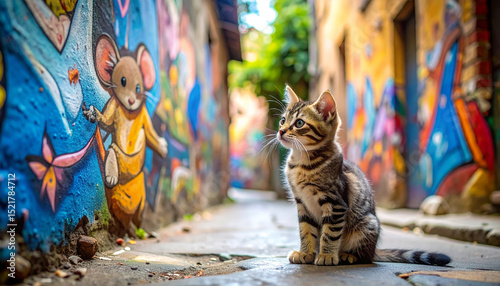 An AI generated image of a cute kitten looking at graffiti artwork of a mouse in an alley