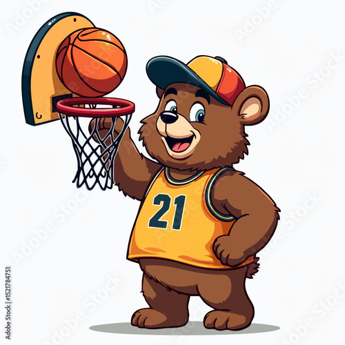 Vector fashion design for children, teenager t-shirt. 
Cute teddy bear boy thrown
basketball ball into ring
isolated on white background. Print for fabric, 
paper, clothing.