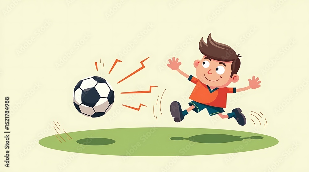 Obraz premium Happy cartoon footballer in action pose kicking ball with motion streak clip art