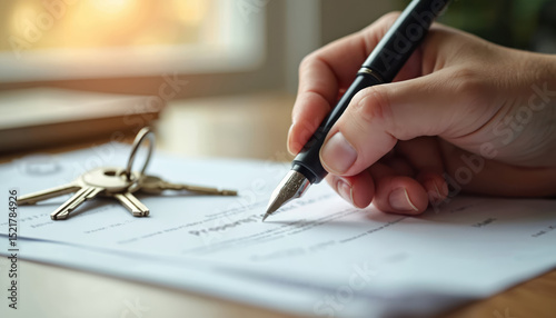 Hand holding pen signs property transfer document. House keys lie on table. Property purchase, real estate, house sale, mortgage loan. New home agreement. Legal documents, contract signing.