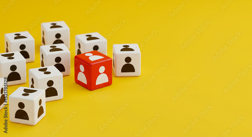 Obraz premium Group of white and red dice with person icons on a yellow background in a studio shot close up view