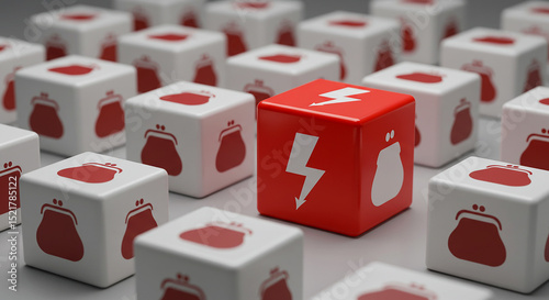 A red cube with a lightning bolt and purse icon among white cubes with purse icons on a white surface