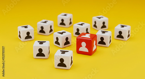 A red cube among white cubes with person icons on a yellow background in a studio setting