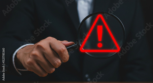 A person holding a magnifying glass over a red warning sign with an exclamation point inside it