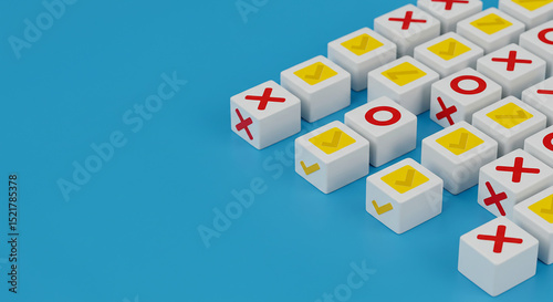 A close up shot of white cubes with red x and o symbols and yellow checkmarks on a blue background