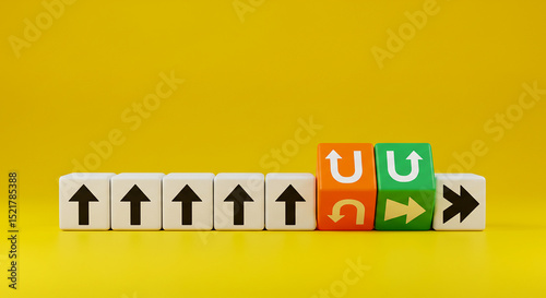 A row of blocks with arrows pointing up and blocks with curved arrows on a yellow background