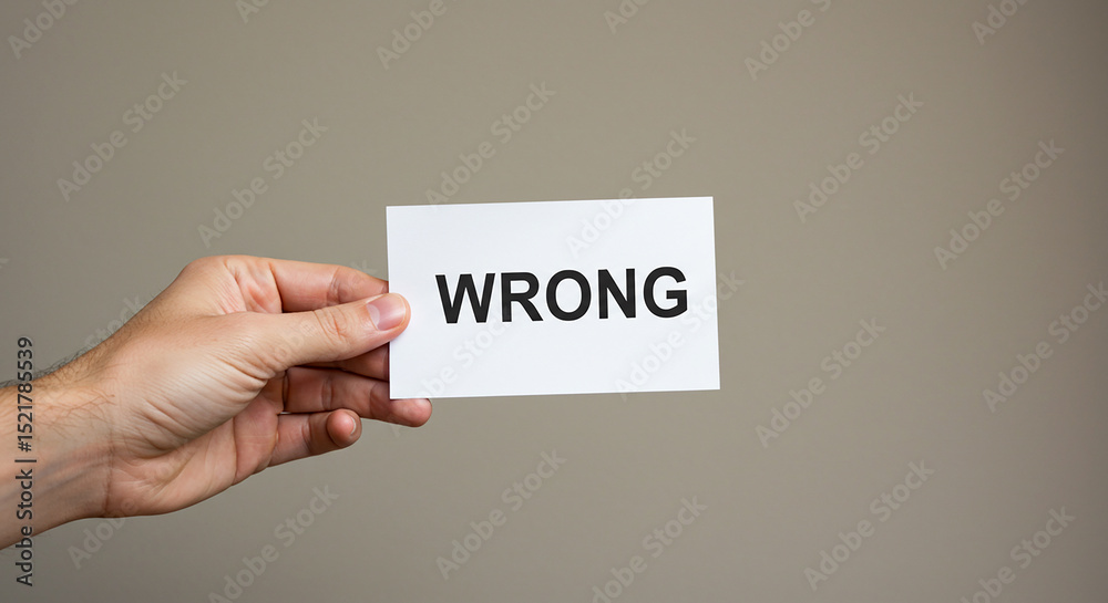 A hand holding a white card with the word wrong printed on it against a neutral colored background A hand holding a white card with the word wrong printed on it against a neutral colored background
