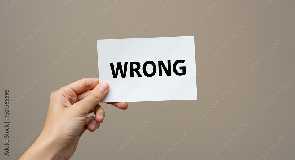 A hand holding a white card with the word wrong written in black letters against a neutral background A hand holding a white card with the word wrong written in black letters against a neutral background