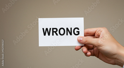 Hand holding a white card with the word wrong printed in bold black letters on a neutral background