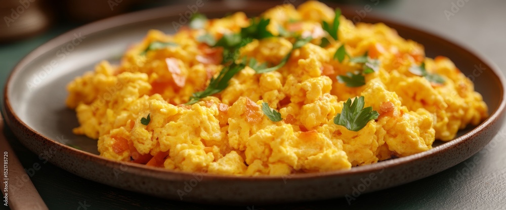 Fluffy scrambled eggs are served on a rustic plate, garnished with fresh herbs, showcasing their vibrant yellow color. Ideal for a hearty breakfast or brunch at home Fluffy scrambled eggs are served on a rustic plate, garnished with fresh herbs, showcasing their vibrant yellow color. Ideal for a hearty breakfast or brunch at home