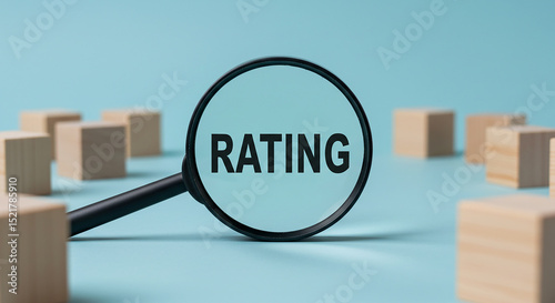 Magnifying glass focusing on the word rating surrounded by wooden blocks on blue background