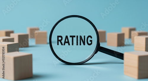 The word rating is seen through a magnifying glass surrounded by wooden blocks on a blue background