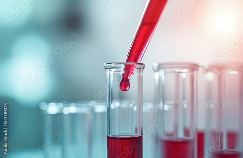 Close-up of pipette dispensing red liquid into laboratory test tube. Science experiment in progress. Chemistry research with reagents and glassware. Medical analysis, healthcare, pharmaceutical tech.