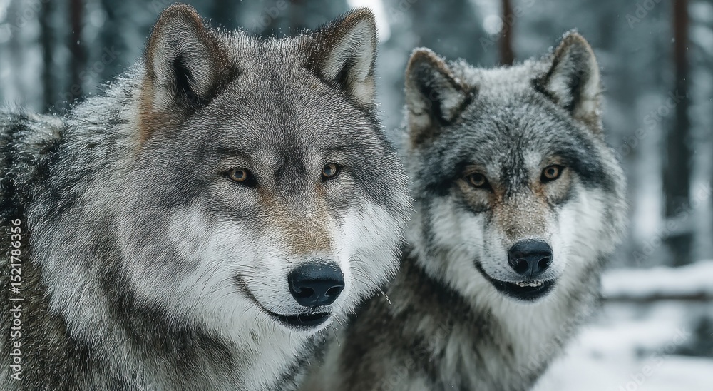 Fototapeta premium Two Wolves in Snowy Forest, Symbolizing Wildlife Conservation and Ecosystem Balance, Ideal for Nature Education and Environmental Awareness Campaigns : Generative AI