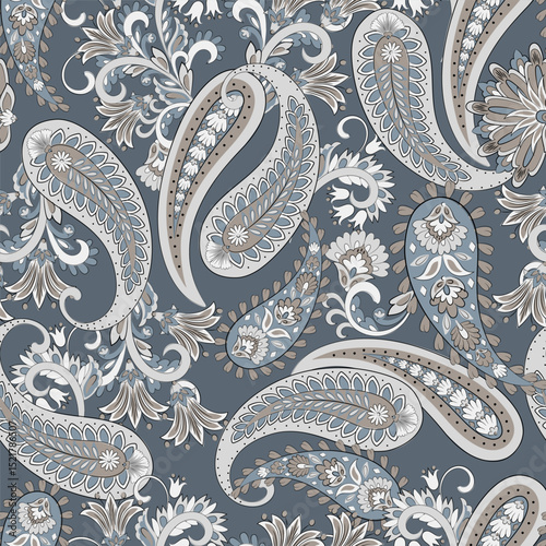 Paisley vector seamless pattern. Fantastic flower, leaves. Textile bohemian print. Batik painting. Vintage