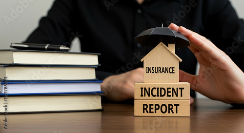Insurance concept with miniature house and umbrella on blocks with incident report writing on table
