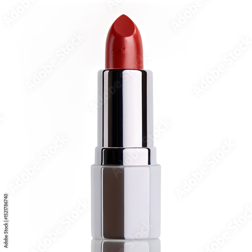 Red lipstick close-up, cosmetic beauty. A detailed shot of a vibrant red lipstick in a sleek, white and silver tube. The focus is on the rich color and smooth texture of the makeup product.
