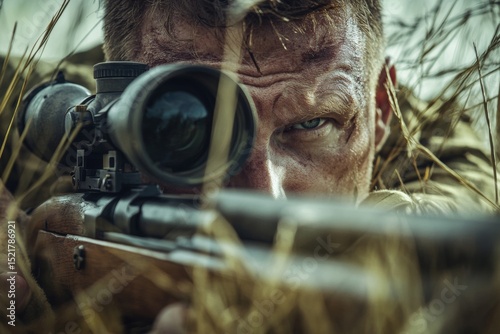 Close-up captures a sniper lying low in tall grass, skillfully aiming with intense concentration through the scope of a vintage rifle, showcasing dedication to the task