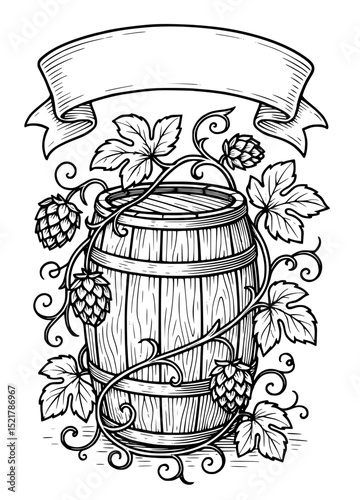  Barrel with leafy hops and empty scroll banner