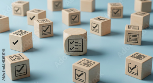 Wooden blocks with check marks and checklist icons scattered on a blue surface in a pattern