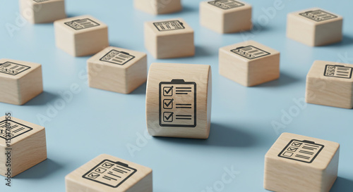 Wooden blocks with checklist icons scattered on a blue surface representing tasks and organization