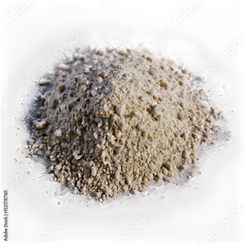 Coarse beige powder heap, granular texture. A small mound of rough, light beige powder sits on a smooth, light surface. The texture of the powder appears uneven with visible particles.