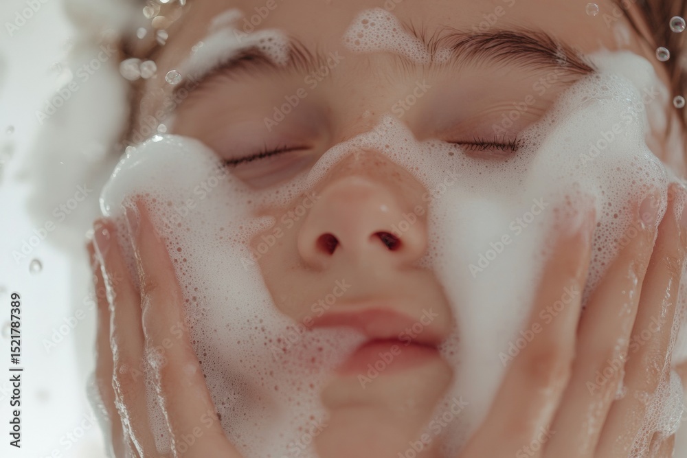 Fototapeta premium A teenager is washing their face with foaming cleanser, surrounded by bubbles that create a playful ambiance. The scene captures joy and freshness during a daily skincare routine