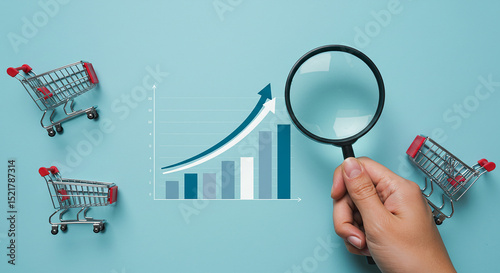 Hand holding magnifying glass over upward trending graph with shopping carts on blue background