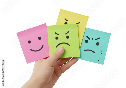 Hand holding sticky notes with different facial expressions