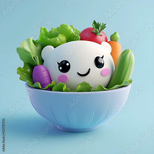 A cute salad bowl toy with adorable features