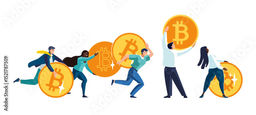 Vector illustration. International business people carrying bitcoin cryptocurrency market investment, Europeans and Africans, African Americans. Gold coins, businessmen, girls. Business for financing