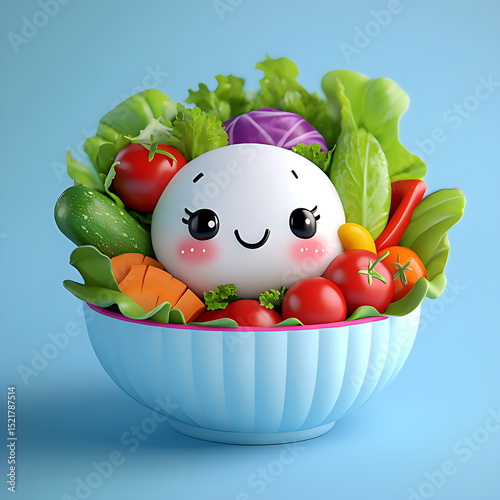 A cute salad bowl toy with adorable features