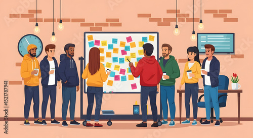 Cartoon vector illustration. Diverse group (hoodies, jeans) clustered around a makeshift board (whiteboard on wheels) covered in colorful sticky notes. Exposed brick wall, coffee mugs, and dangling 