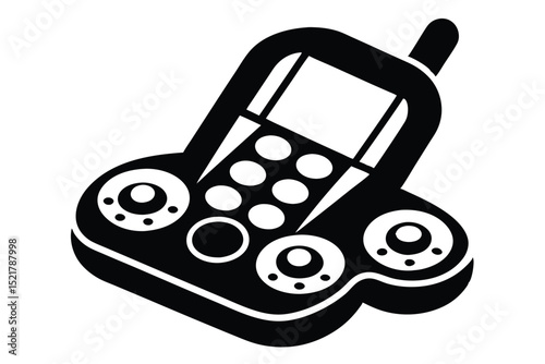 Black silhouette of a children's toy phone with antenna and buttons, isolated