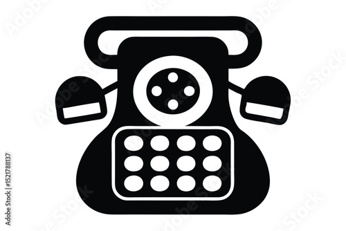 Black Rotary Dial Phone Illustration with Buttons and Handset Receiver Pictogram Graphic Style