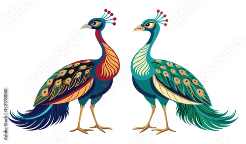 Photo of two stylized peacocks isolated on white background
