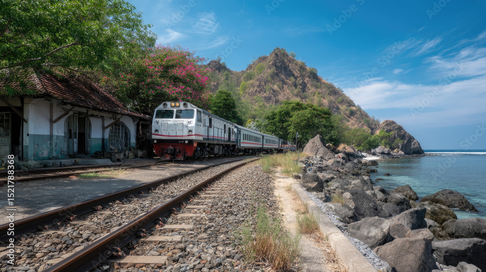 Obraz premium Train Traveling Along Coastal Tracks with Beautiful Scenery and Station