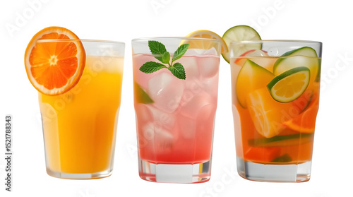 Photorealistic image of three summer drinks with citrus and mint in surreal infrared tones, sharp focus, condensation, refreshing look

