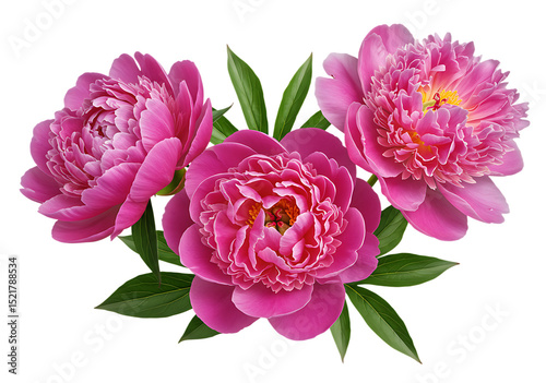 Fototapeta Naklejka Na Ścianę i Meble -  Stunning close up of vibrant pink peony flowers with green leaves arranged Isolated on transparent background