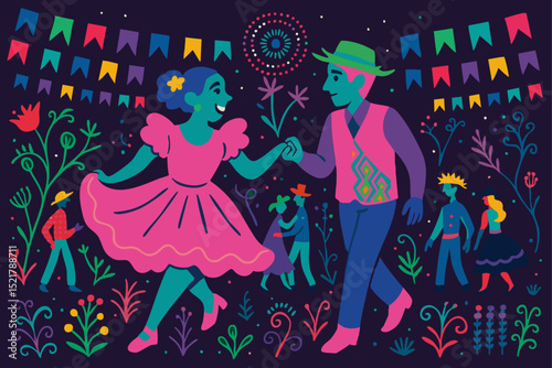 Brazilian folk dance festival illustration with vibrant flat-style characters, colorful costumes and flags, celebrating Festa Junina in a folkloric setting with nature-inspired decorative elements
