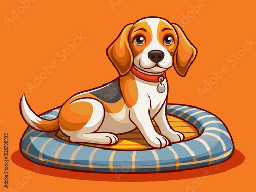 vector of Cute beagle dog with soft checkered pillow sitting on pet bed near orange wall